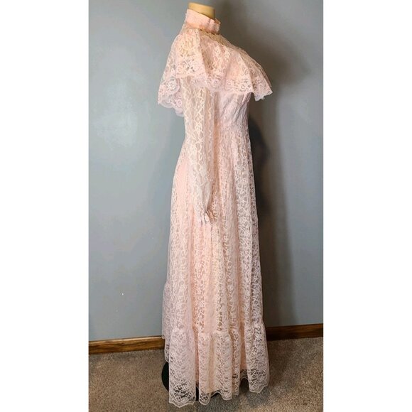 Vintage 70s Victorian Cottagecore Pink Lace Flounce Sleeve Prairie Maxi Dress S - Picture 10 of 16